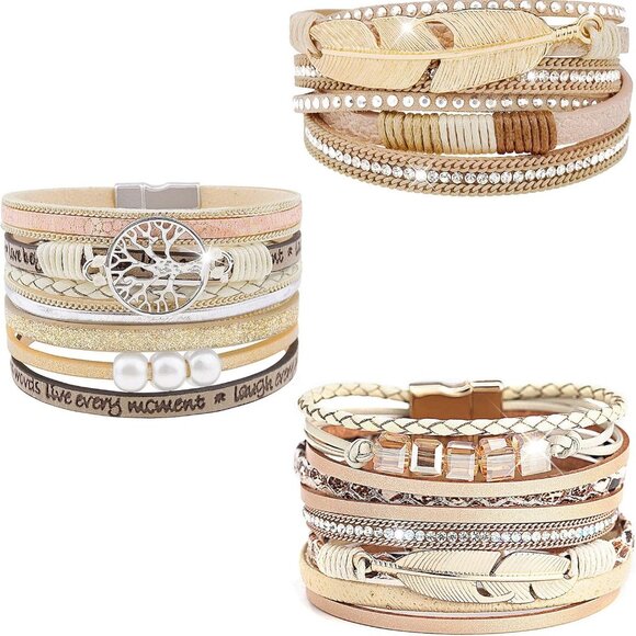 Jewelry - Leather Wrap Bracelet Set 3Pack Wrist Cuff Bracelet for Women Multilayer Magneti